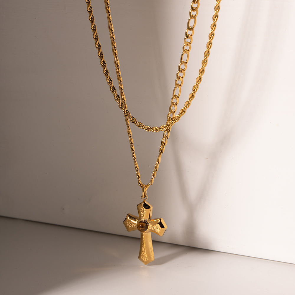 18K Gold-Plated Double Layered Cross Necklace-BT8D