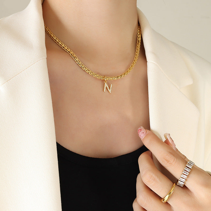 Brass Inlaid Zircon Letter Pendant Necklace-BT8D