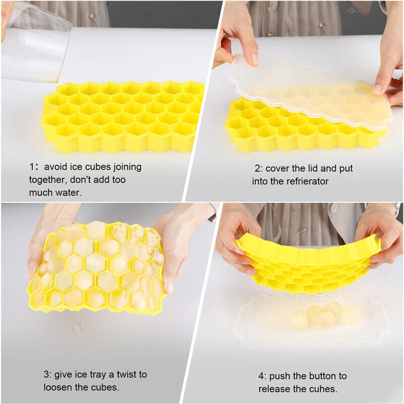 Ice Cube Tray, Set of 2 Honeycomb Shape Silicone Ice Cube Mold with Lid Storage