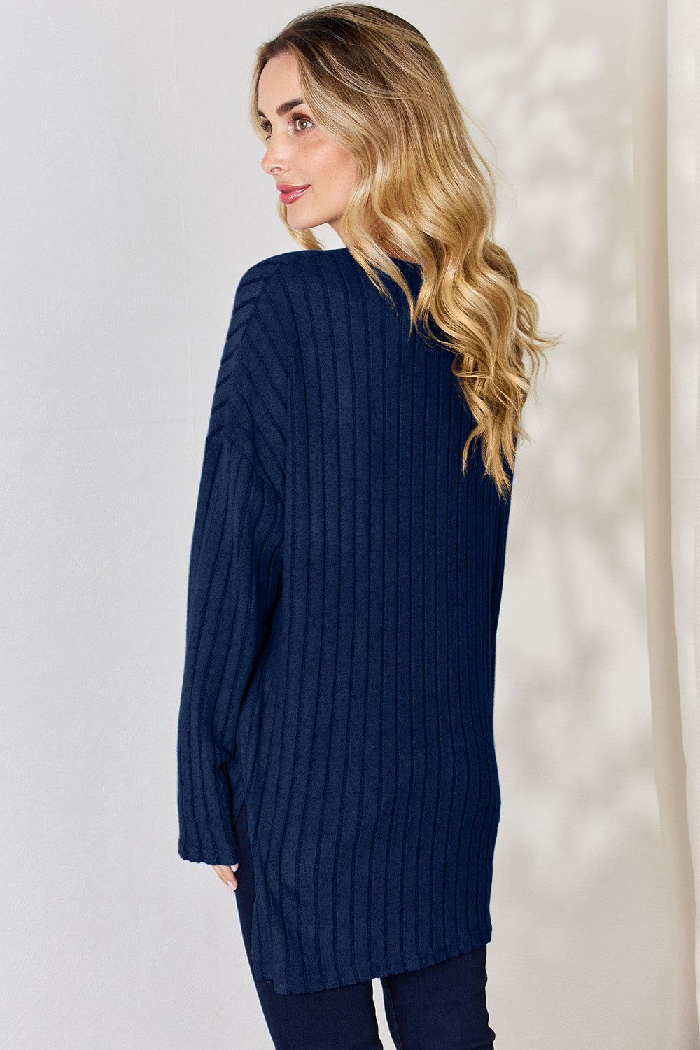 Basic Bae Full Size Ribbed Half Button Long Sleeve High-Low T-Shirt-BT8D