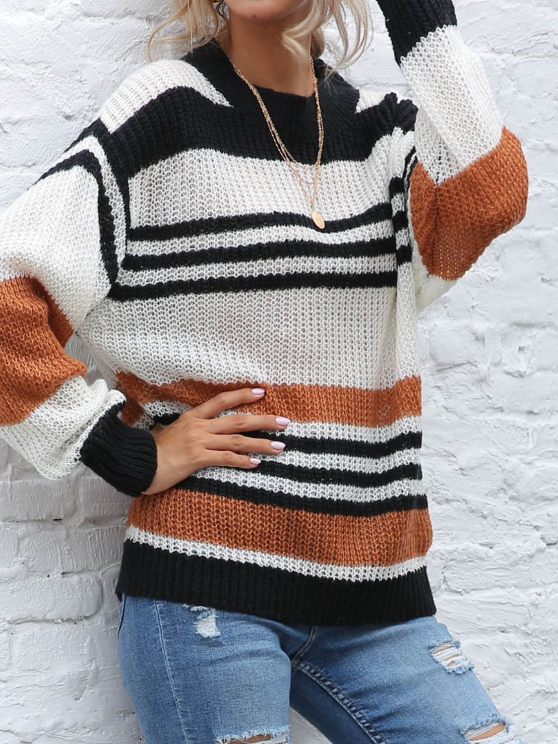 Contrast Striped Round Neck Long Sleeve Sweater-BT8D