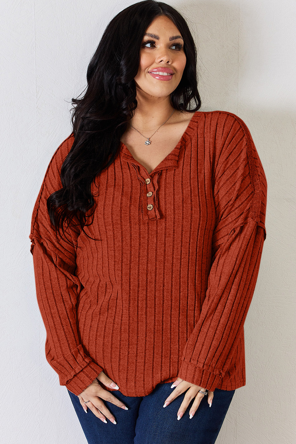 Basic Bae Full Size Ribbed Half Button Long Sleeve T-Shirt-BT8D