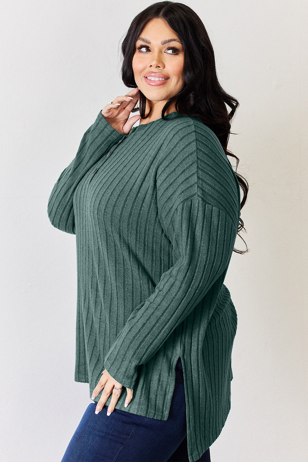 Basic Bae Full Size Ribbed Half Button Long Sleeve High-Low T-Shirt-BT8D