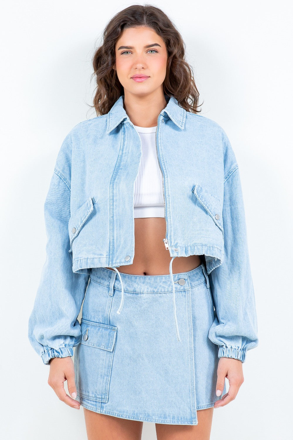 American Bazi Drawstring Waist Crop Denim Jacket-BT8D