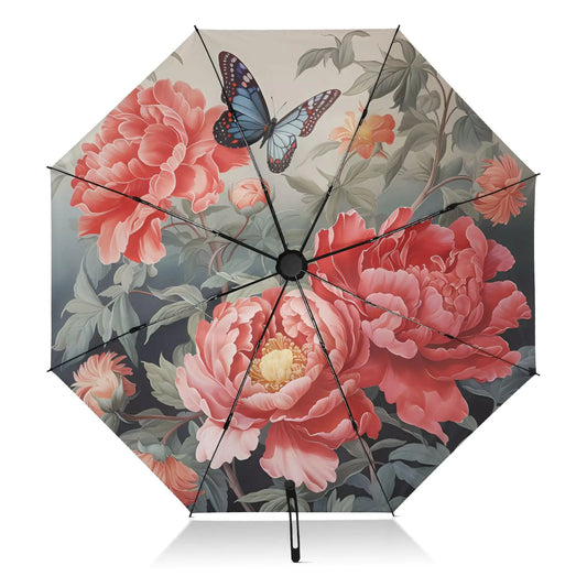 DALAWU Umbrellas for Rain Sun Outdoor Automatic Folding Umbrella Windproof Strong Large Anti-UV Compact Umbrella Black Outside Flower Peony Travel Umbrellas for Women Men