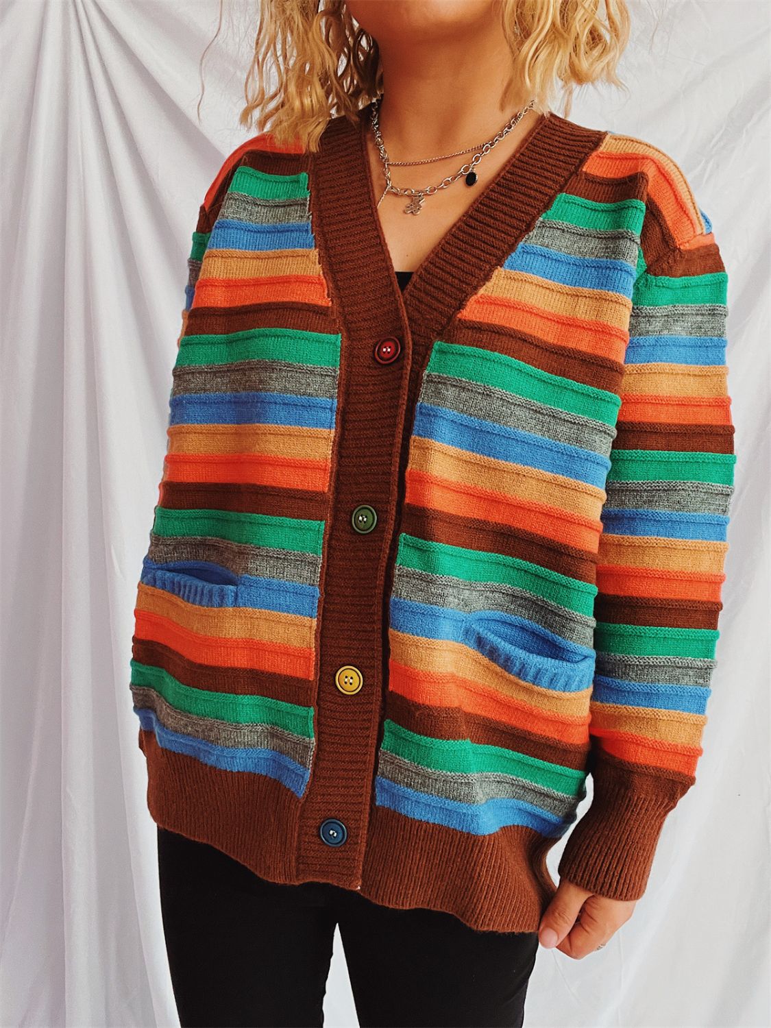 Contrast Stripes Button Up Long Sleeve Cardigan-BT8D