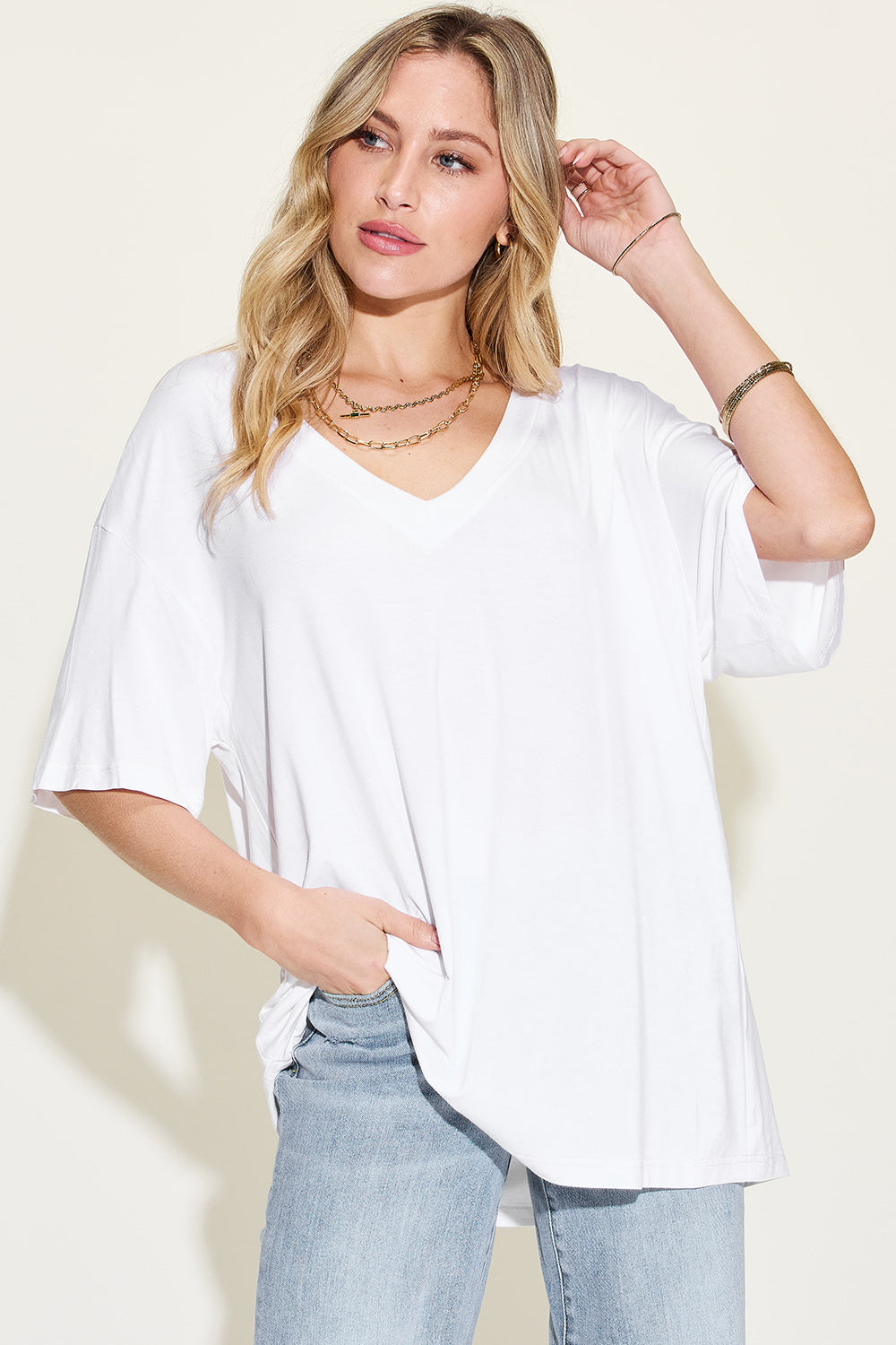 Basic Bae Full Size Bamboo V-Neck Drop Shoulder T-Shirt-BT8D