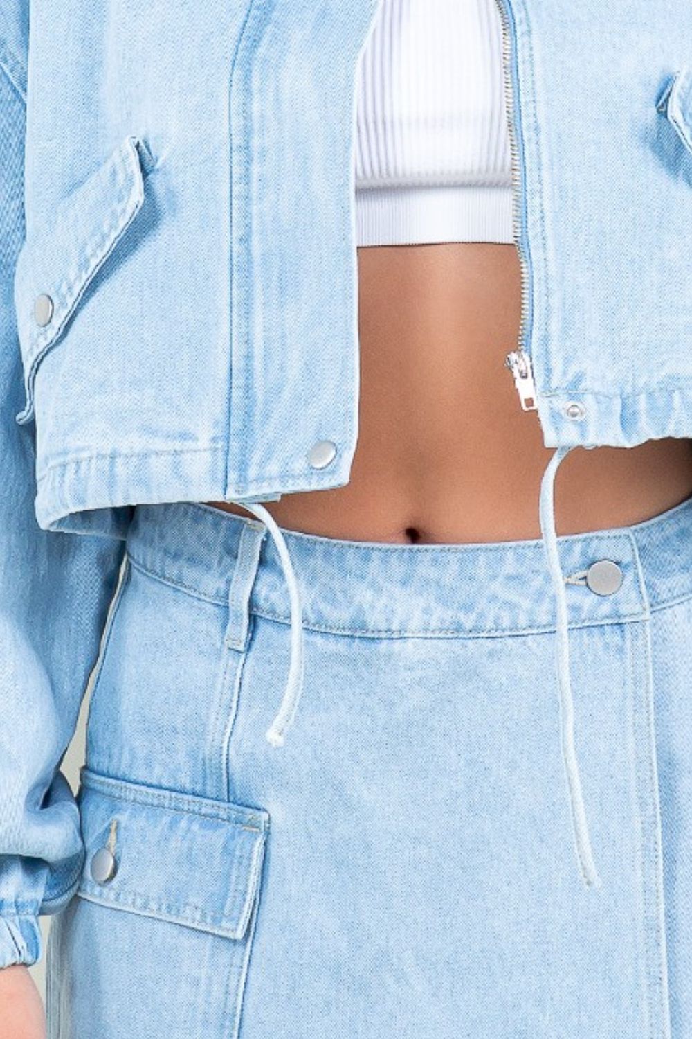 American Bazi Drawstring Waist Crop Denim Jacket-BT8D