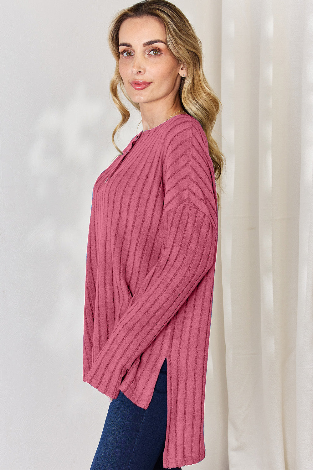 Basic Bae Full Size Ribbed Half Button Long Sleeve High-Low T-Shirt-BT8D