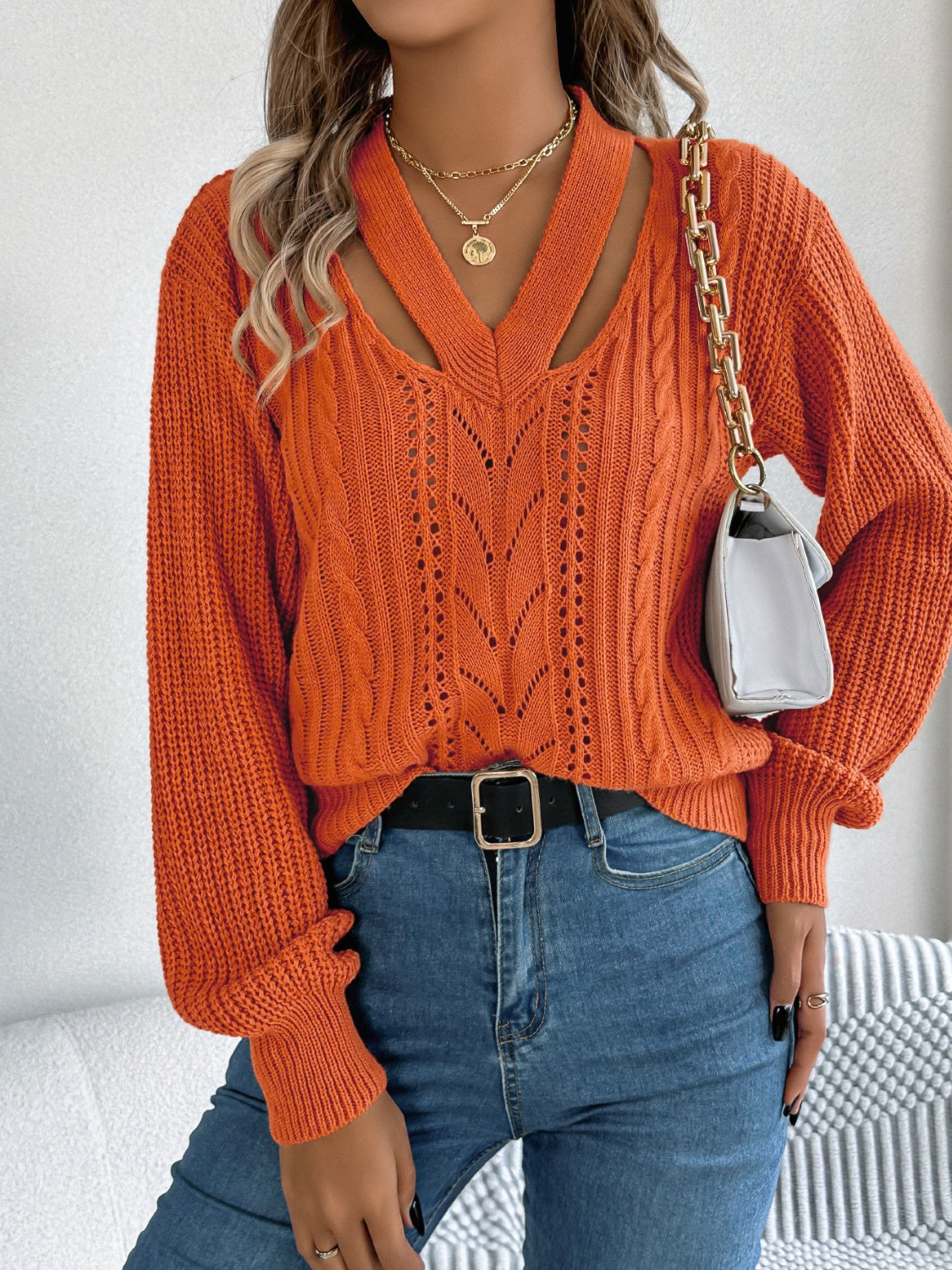 Cutout V-Neck Long Sleeve Sweater-BT8D