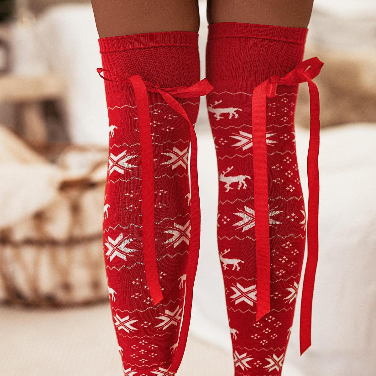 Christmas Element Bowknot Ribbed Trim Over Knee Stockings-BT8D