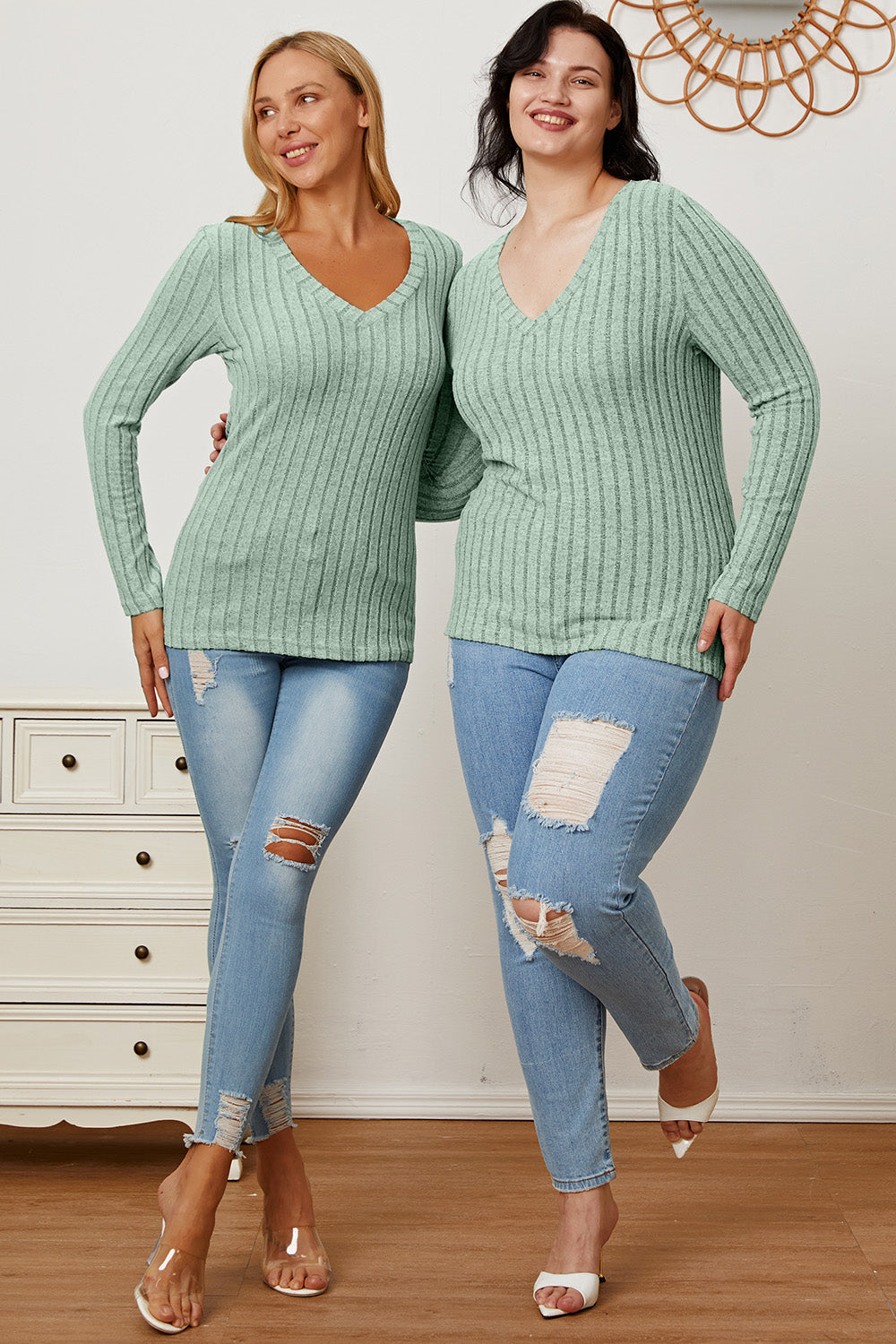 Basic Bae Full Size Ribbed V-Neck Long Sleeve T-Shirt-BT8D