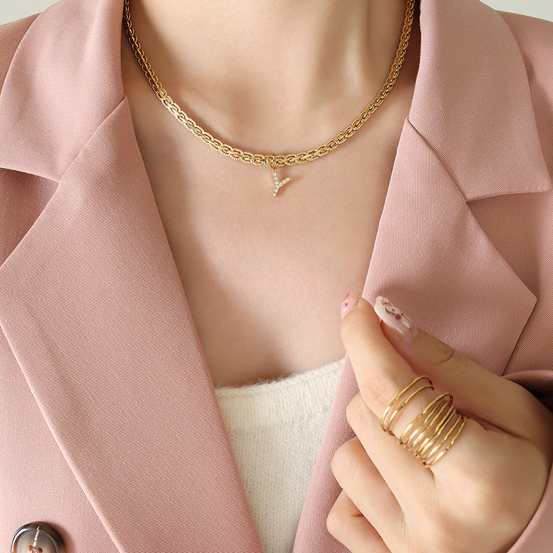 Brass Inlaid Zircon Letter Pendant Necklace-BT8D