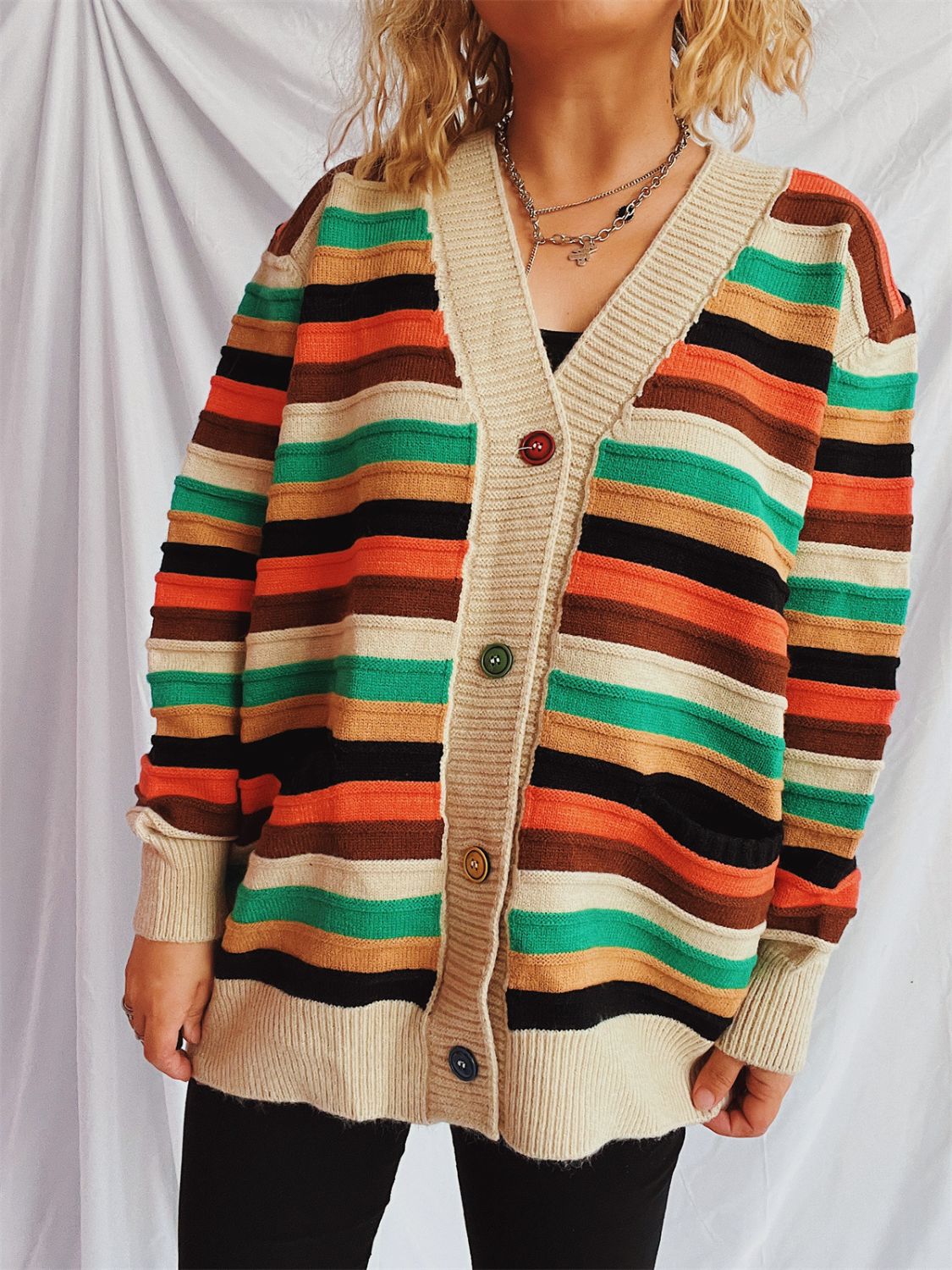 Contrast Stripes Button Up Long Sleeve Cardigan-BT8D