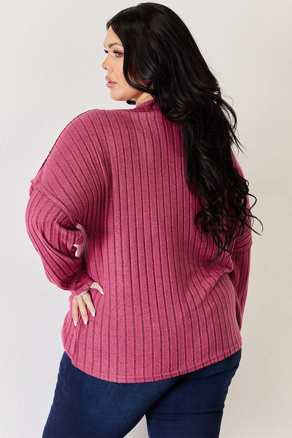 Basic Bae Full Size Ribbed Half Button Long Sleeve High-Low T-Shirt-BT8D