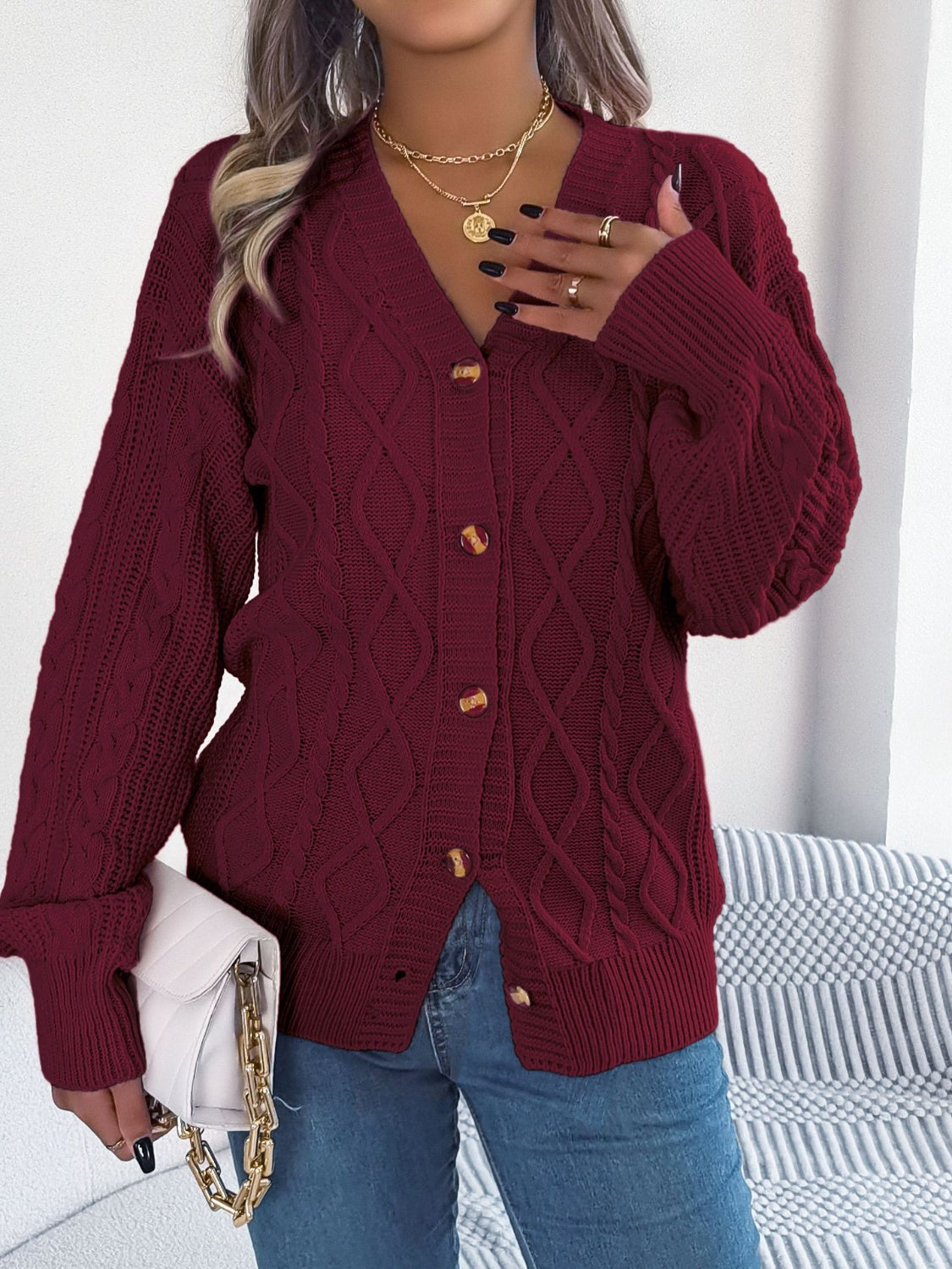Cable-Knit Long Sleeve Cardigan-BT8D