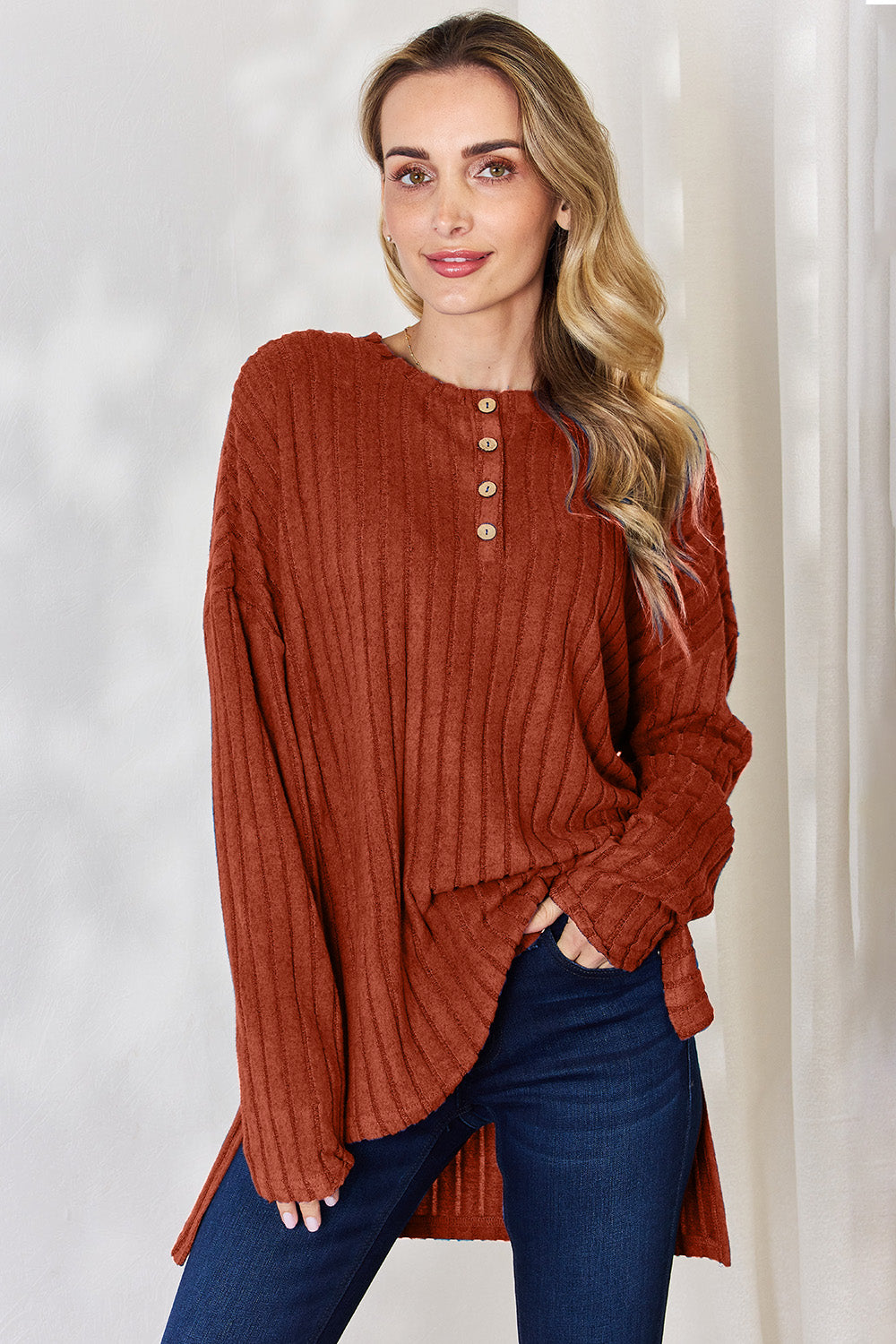 Basic Bae Full Size Ribbed Half Button Long Sleeve High-Low T-Shirt-BT8D