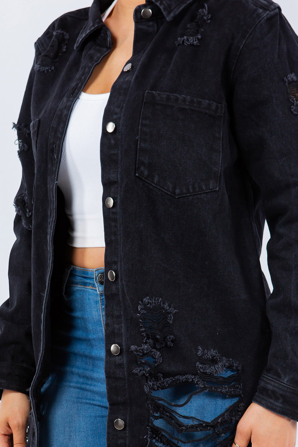 American Bazi Distressed Button Up Long Sleeve Denim Jacket-BT8D