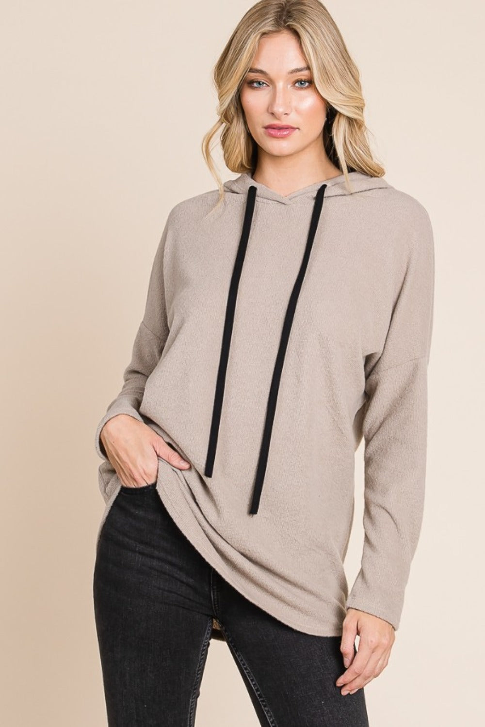 BOMBOM Contrast Drawstring Drop Shoulder Knit Hoodie-BT8D