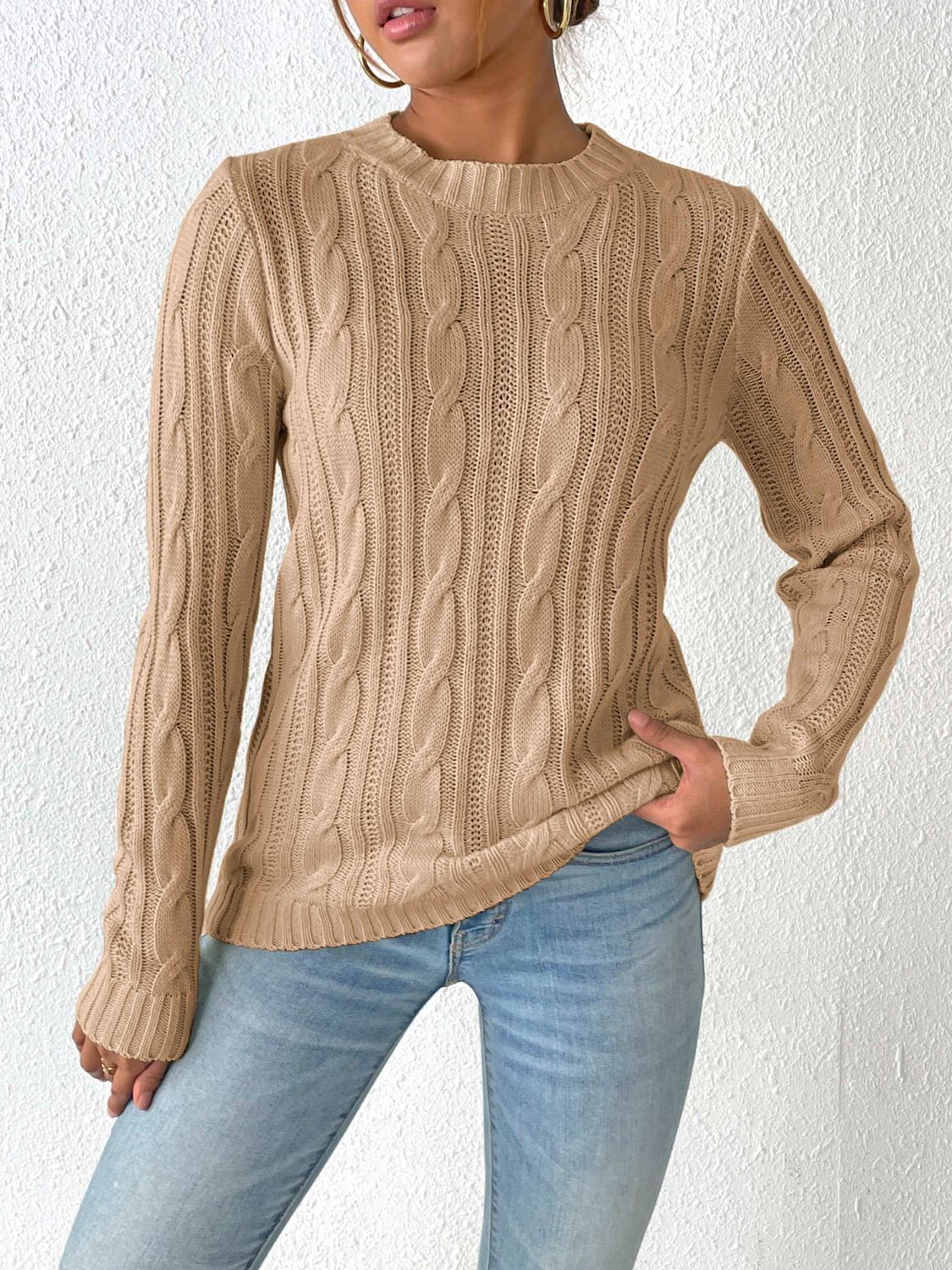 Cable-Knit Round Neck Sweater-BT8D