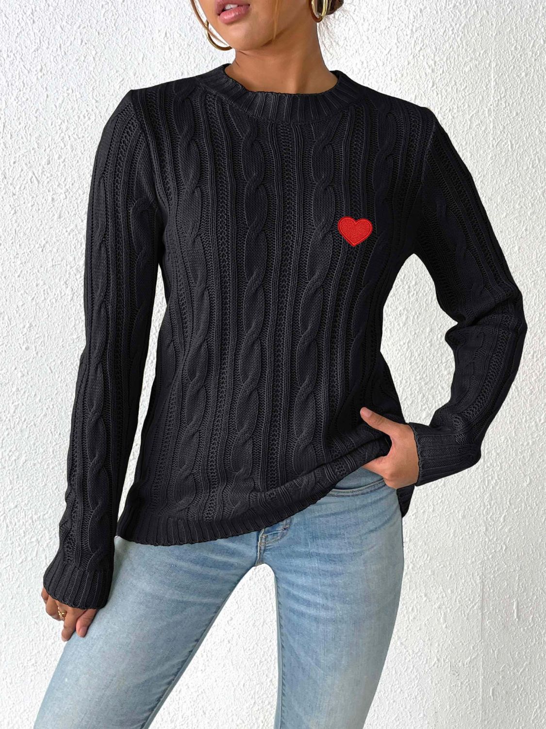 Cable-Knit Heart Round Neck Long Sleeve Sweater-BT8D