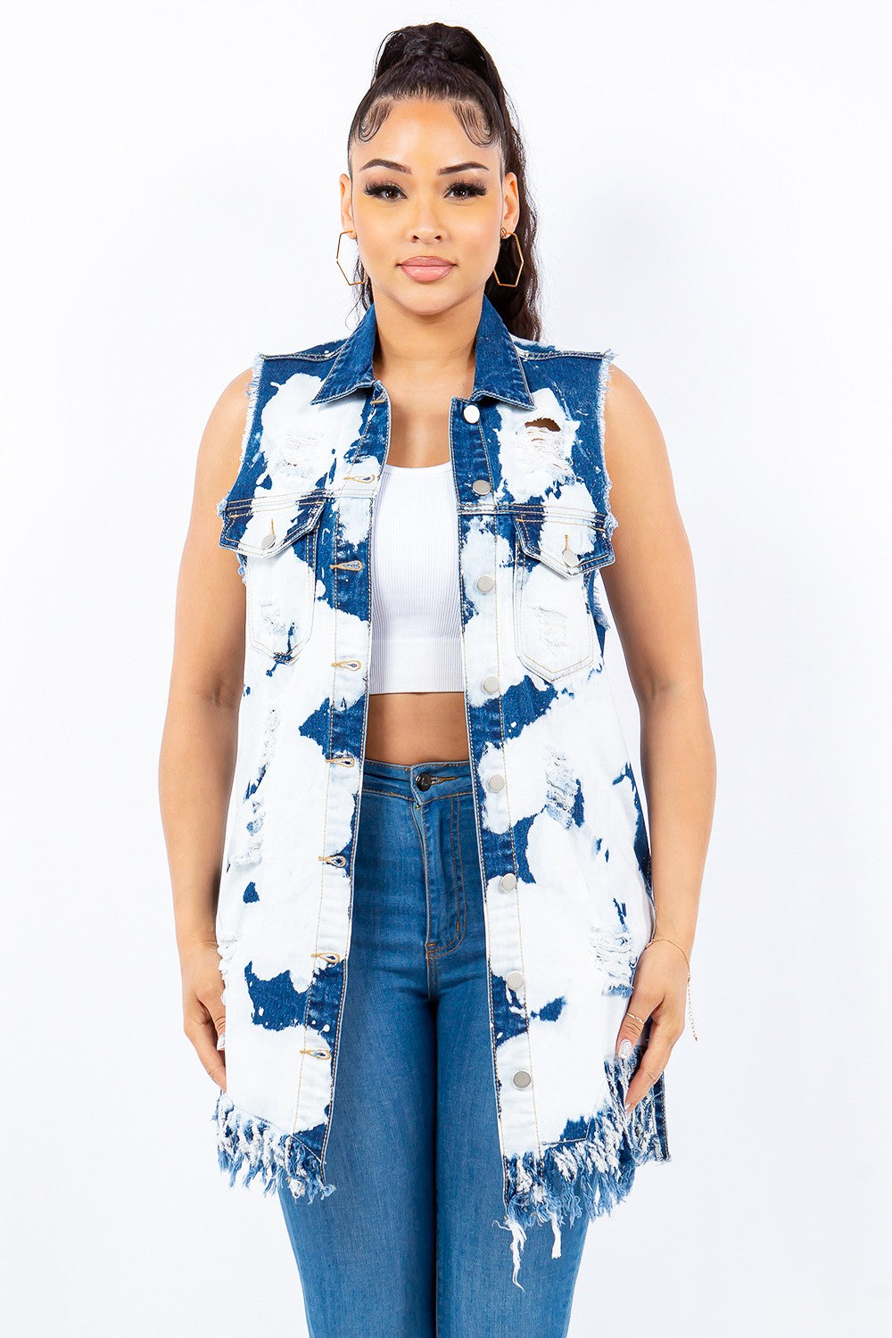 American Bazi Distressed Frayed Edge Longline Denim Vest-BT8D