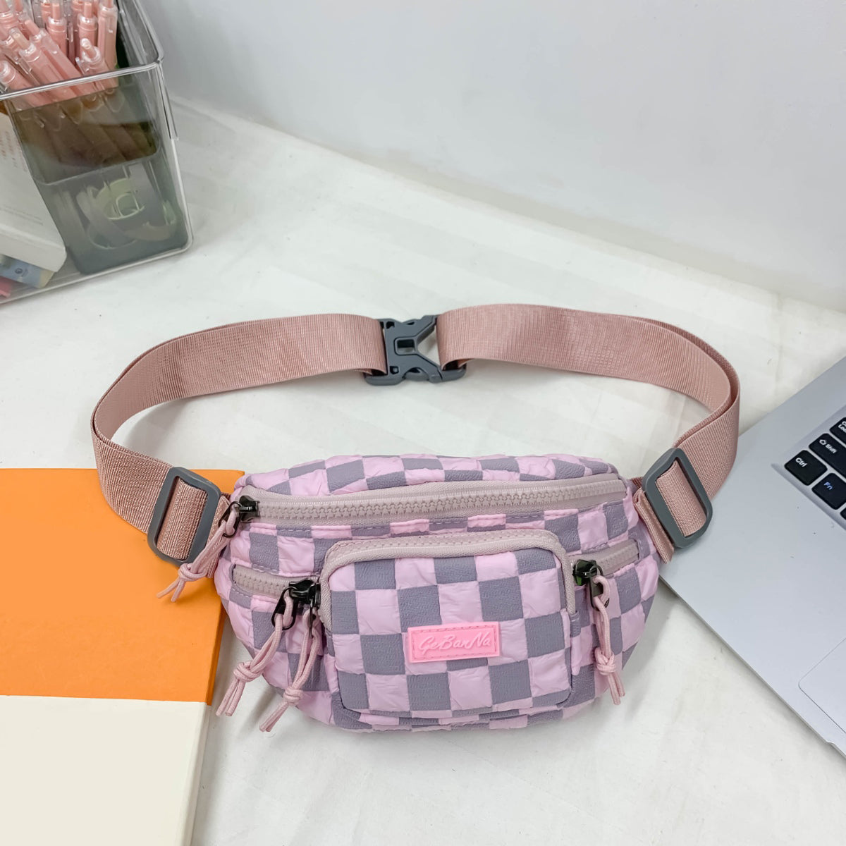 Checkered Adjustable Strap Nylon Crossbody Bag-BT8D