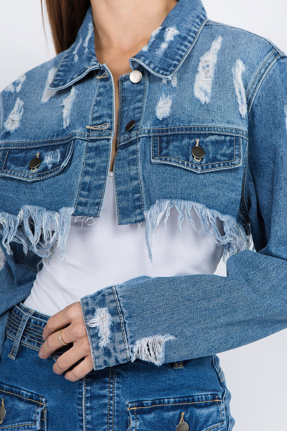 American Bazi Distressed Denim Jacket with Frayed Hem-BT8D