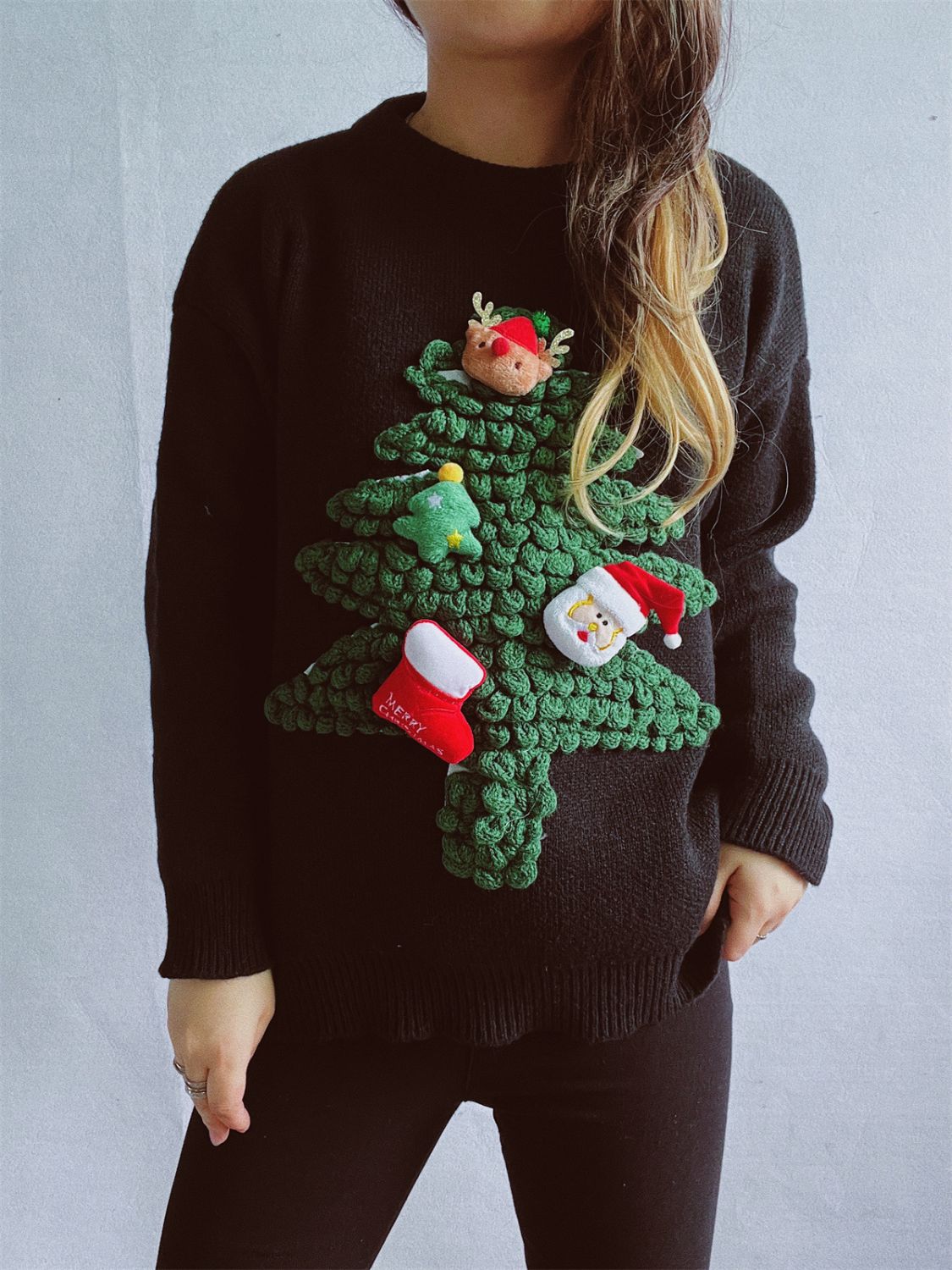 Christmas Tree Round Neck Long Sleeve Sweater-BT8D