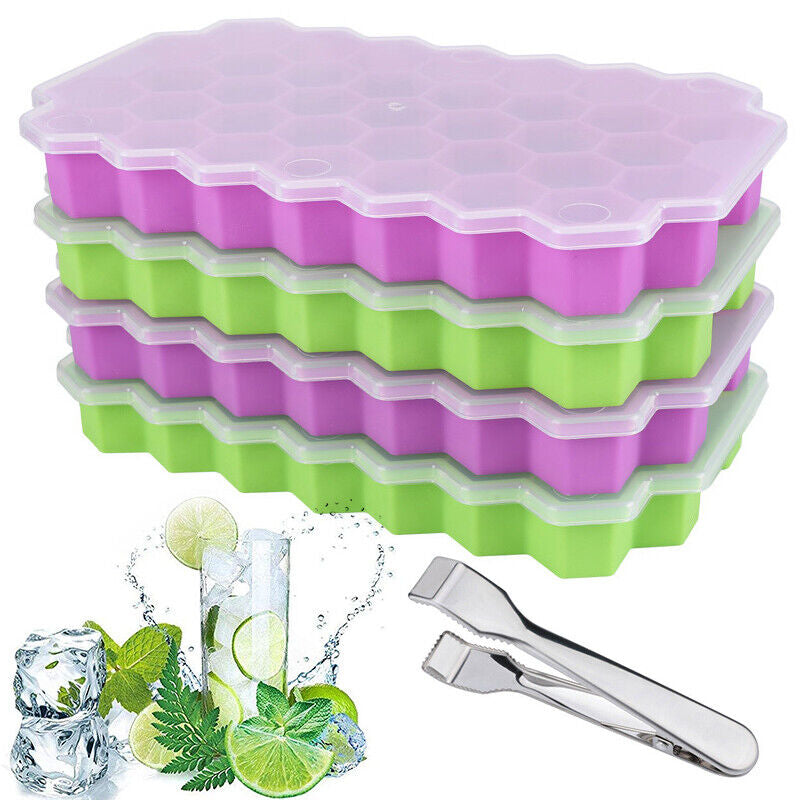 Ice Cube Tray, Set of 2 Honeycomb Shape Silicone Ice Cube Mold with Lid Storage