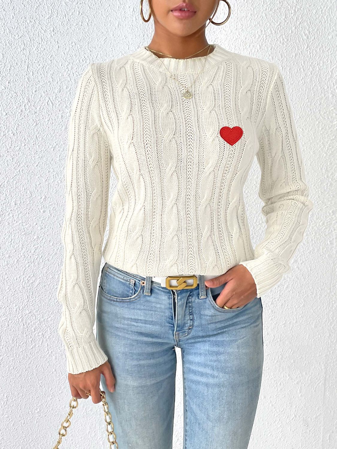 Cable-Knit Heart Round Neck Long Sleeve Sweater-BT8D