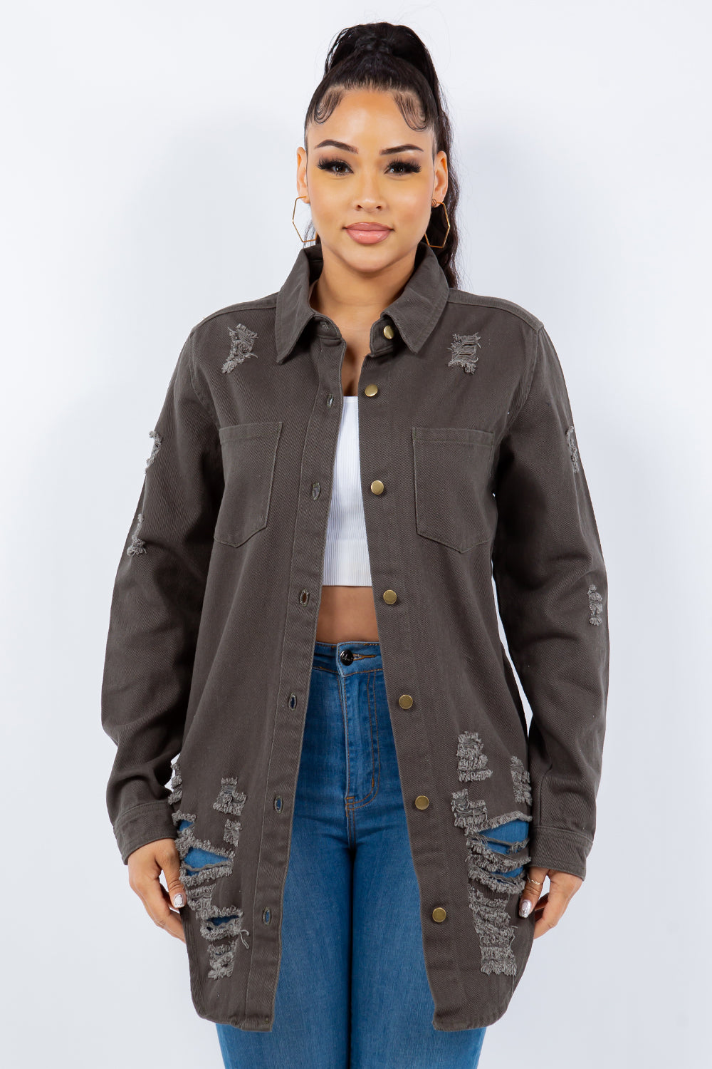 American Bazi Distressed Button Up Long Sleeve Denim Jacket-BT8D