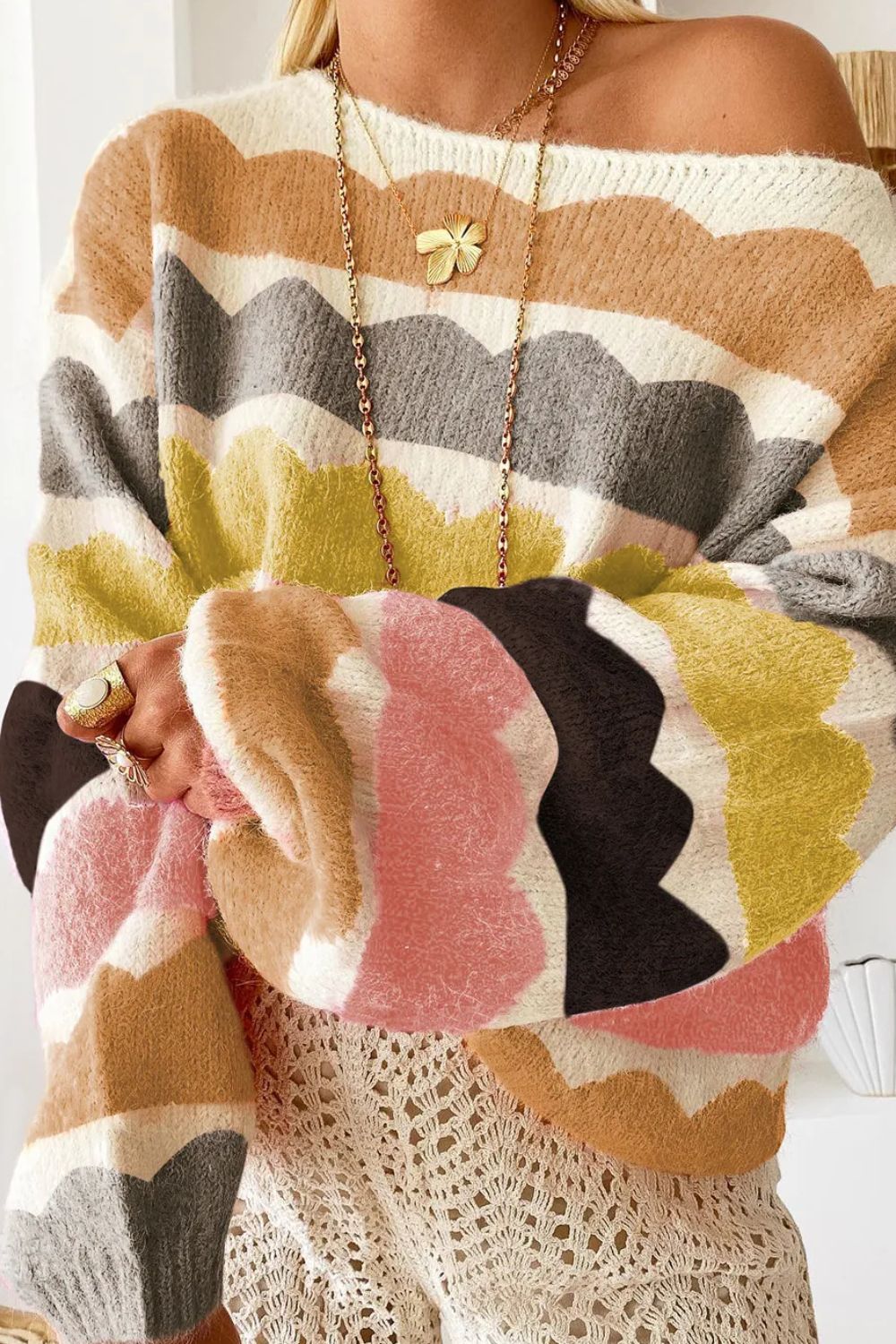 Boat Neck Long Sleeve Sweater-BT8D
