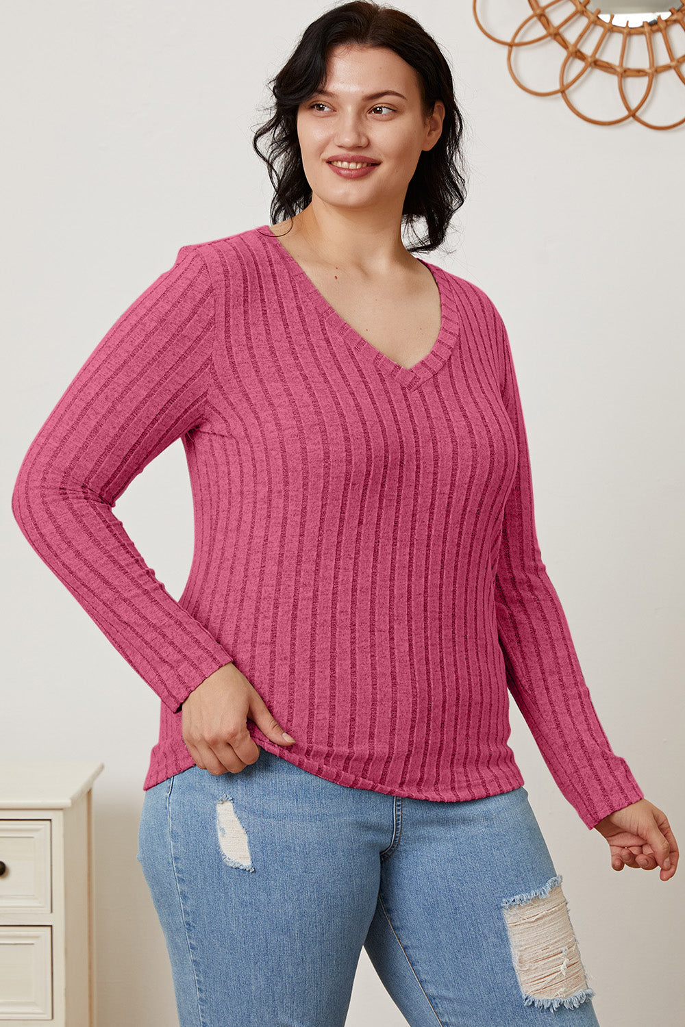 Basic Bae Full Size Ribbed V-Neck Long Sleeve T-Shirt-BT8D
