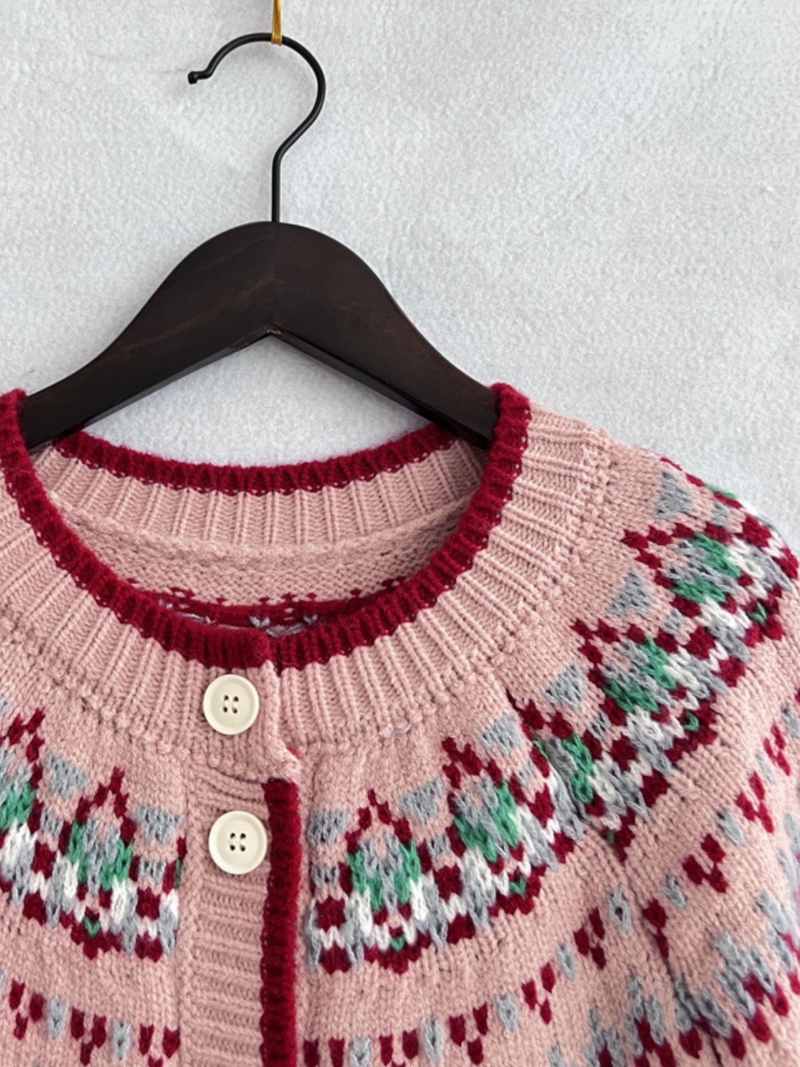 Contrast Geometric Round Neck Long Sleeve Cardigan-BT8D