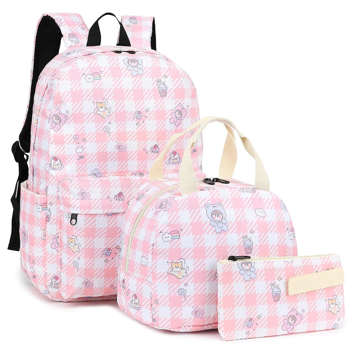 Dezcrab Kids Backpack for Girls Teens School Bags Bookbags Set with Lunch Bag Pencil Case (Cute Checkered Pink)