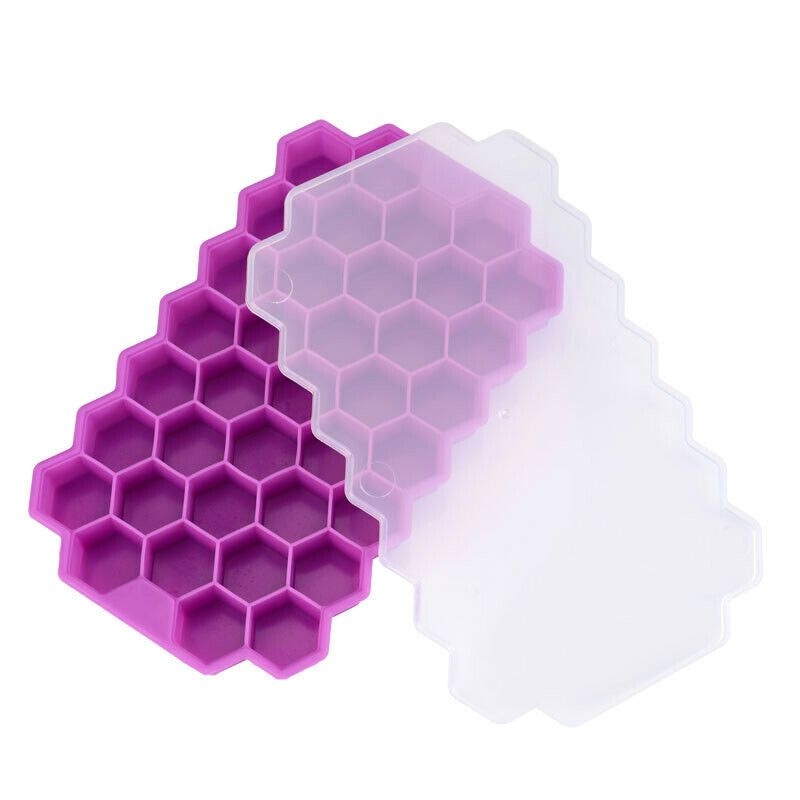 Ice Cube Tray, Set of 2 Honeycomb Shape Silicone Ice Cube Mold with Lid Storage