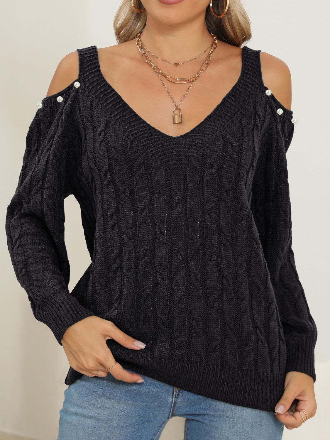 Cable-Knit Cold Shoulder Sweater-BT8D