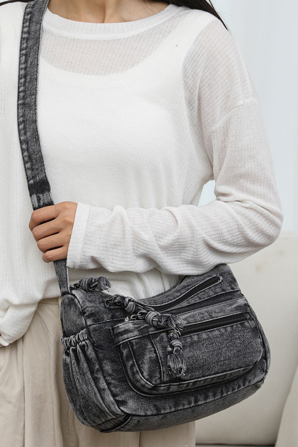 Adjustable Strap Denim Crossbody Bag-BT8D