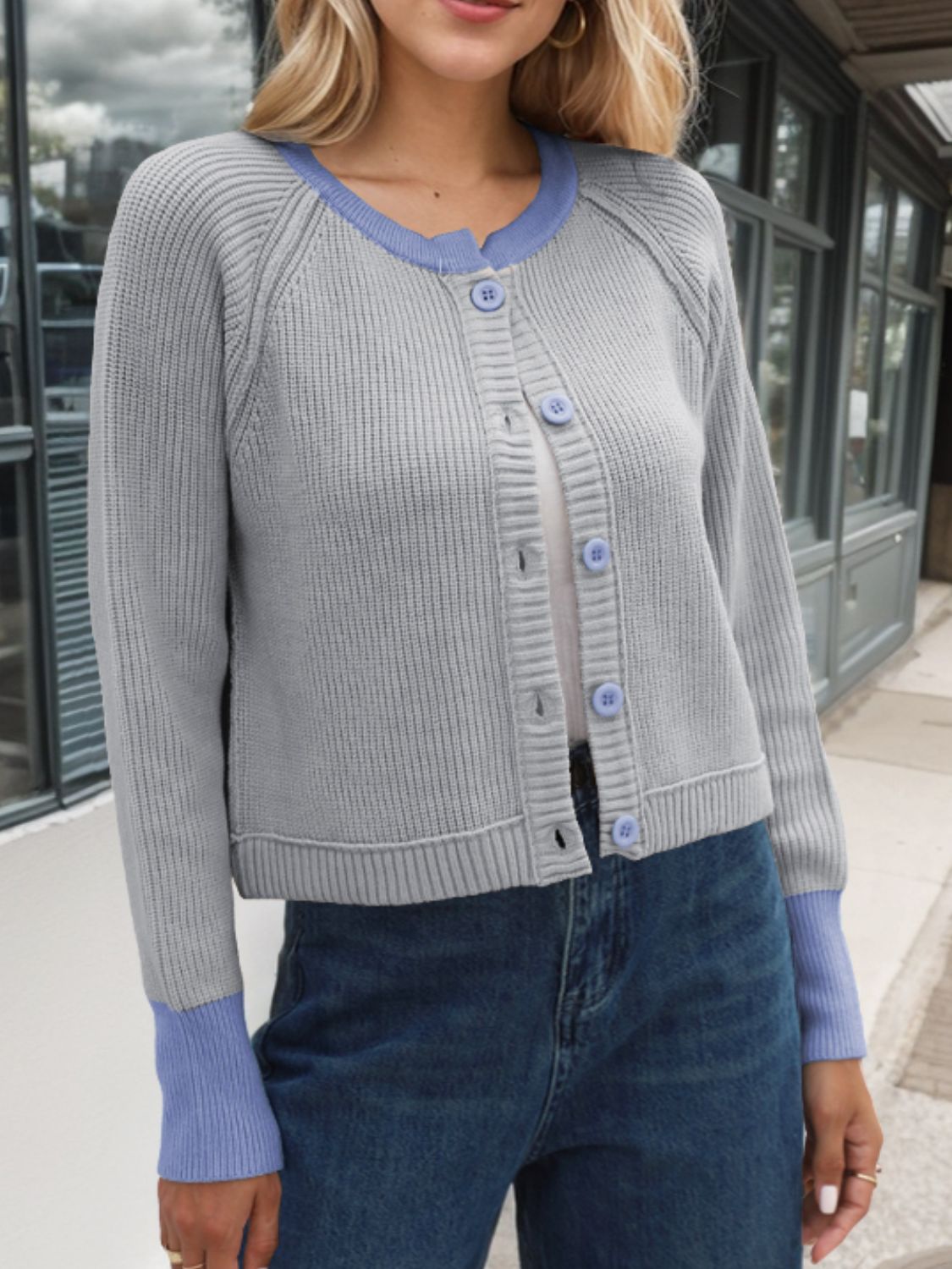 Contrast Button Up Long Sleeve Cardigan-BT8D