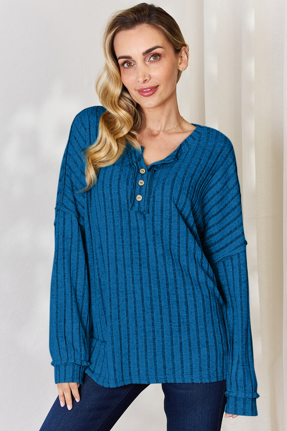 Basic Bae Full Size Ribbed Half Button Long Sleeve T-Shirt-BT8D
