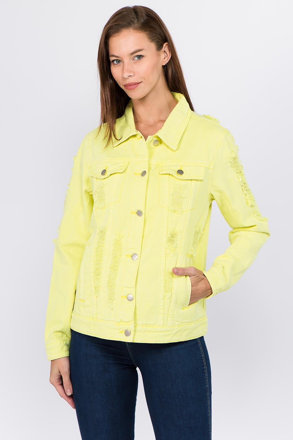American Bazi Distressed Back Button Down Denim Jacket-BT8D
