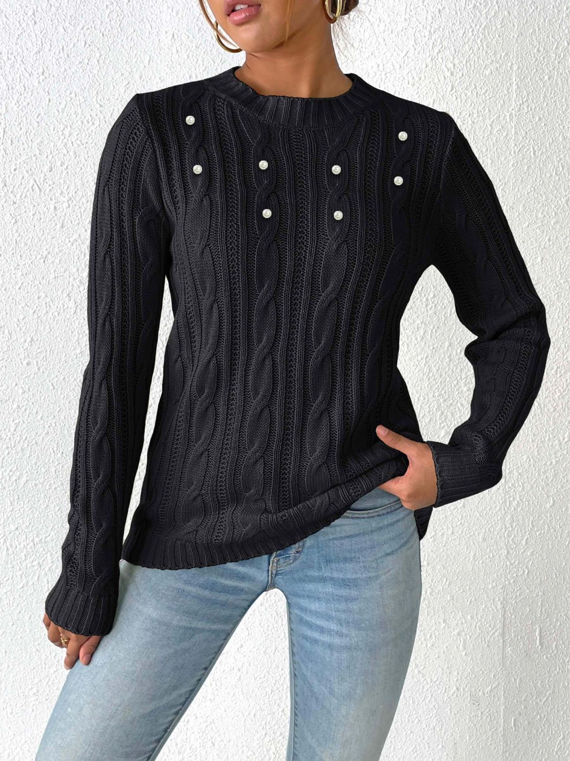 Cable-Knit Round Neck Long Sleeve Sweater-BT8D