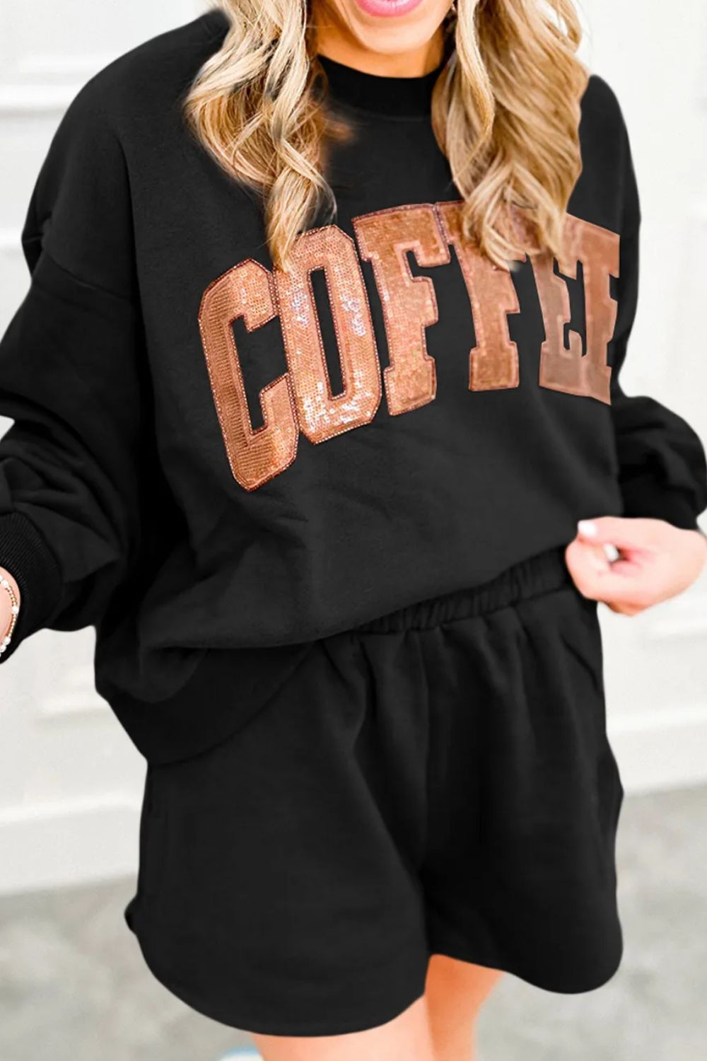 COFFEE Sequin Round Neck Long Sleeve Top and Shorts Set-BT8D