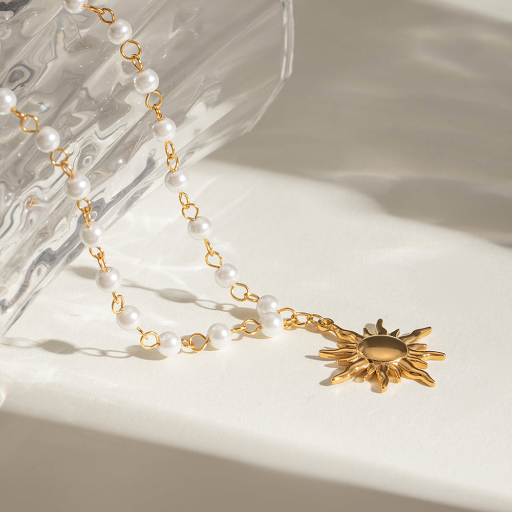 18K Gold-Plated Pearl Sun Necklace-BT8D