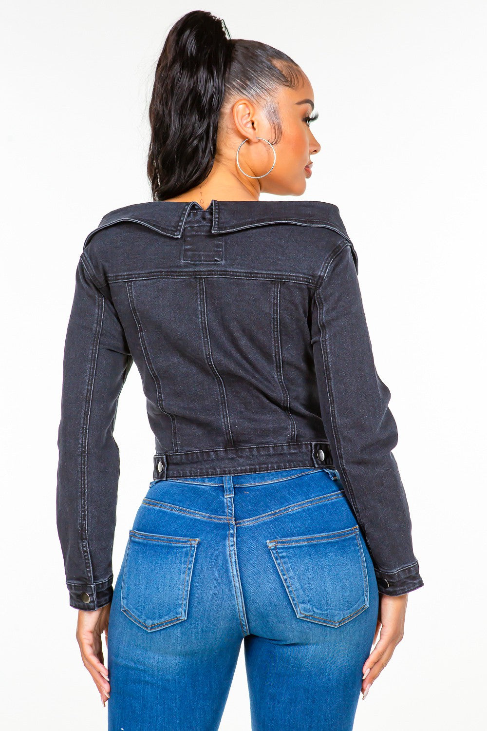 American Bazi Off Shoulder Lace Up Denim Jacket-BT8D