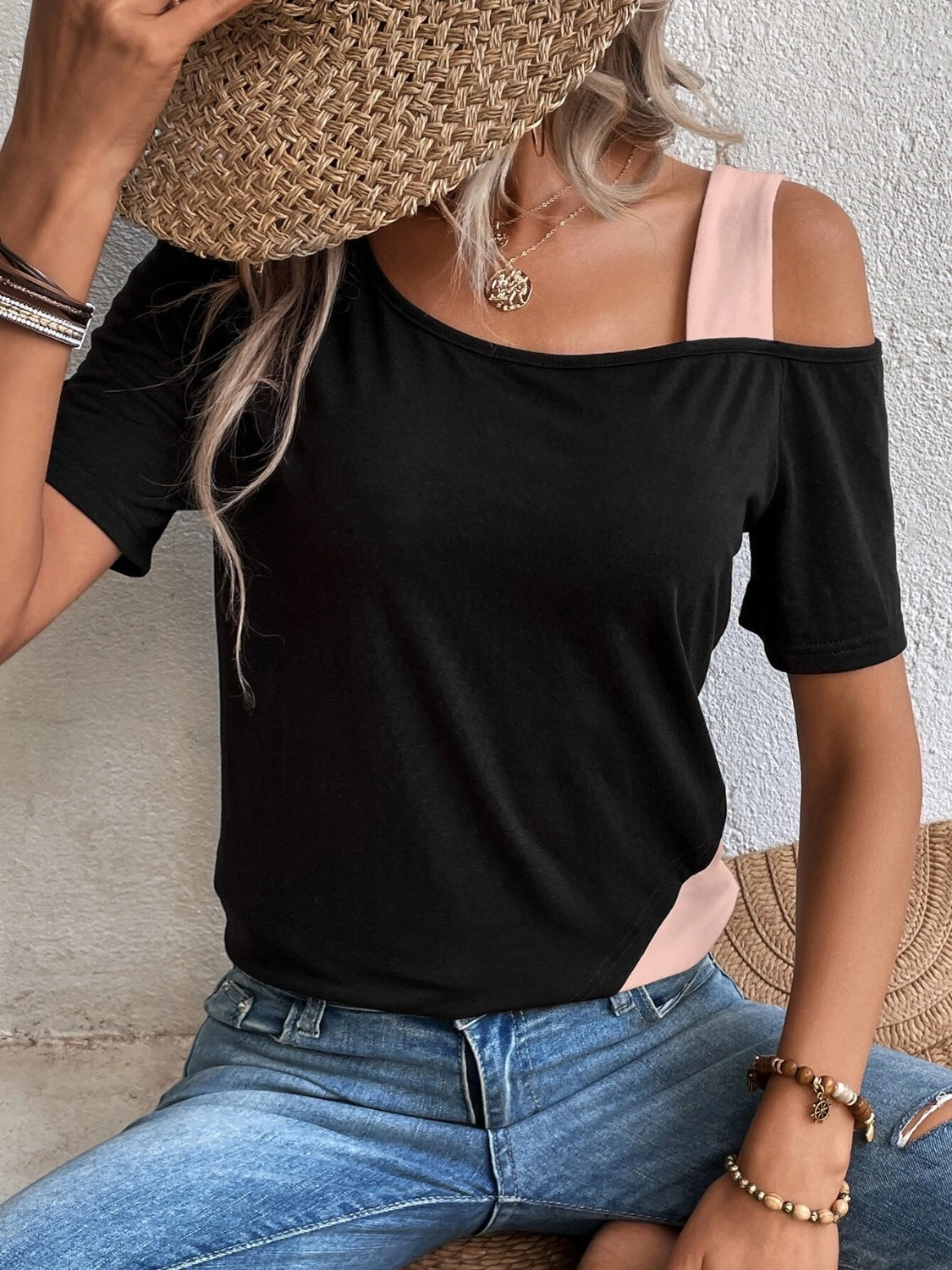 Contrast Asymmetrical Neck Short Sleeve T-Shirt-BT8D