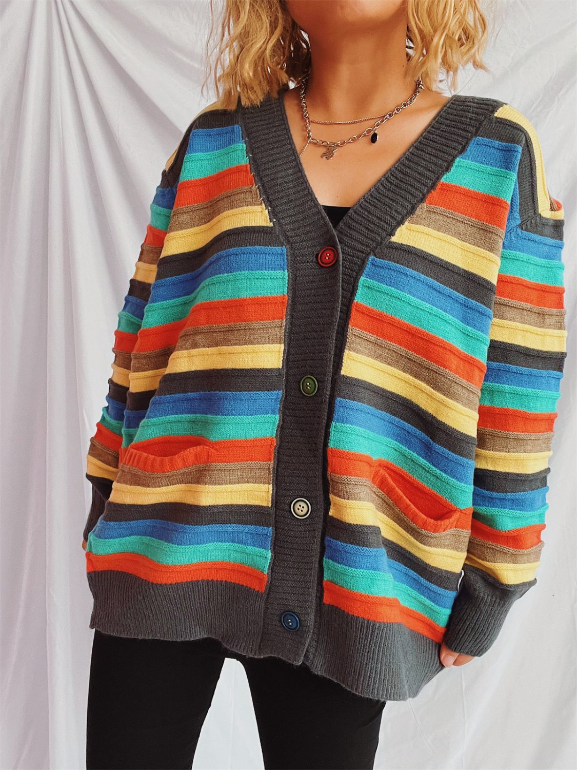 Contrast Stripes Button Up Long Sleeve Cardigan-BT8D