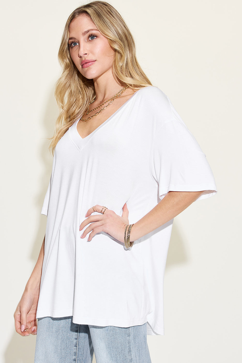Basic Bae Full Size Bamboo V-Neck Drop Shoulder T-Shirt-BT8D