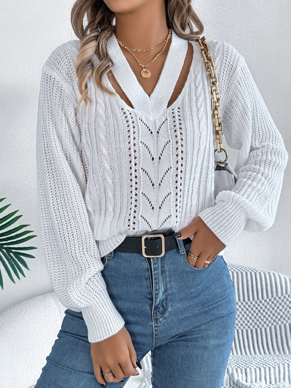 Cutout V-Neck Long Sleeve Sweater-BT8D